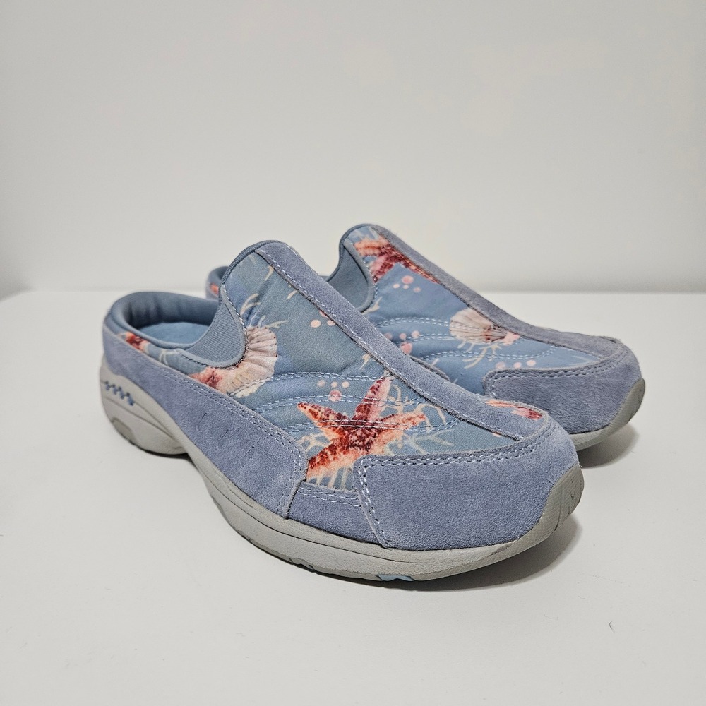 Easy Spirit Traveltime Mules Clogs 6.5M Blue Starfish Seashell Coastal Beach